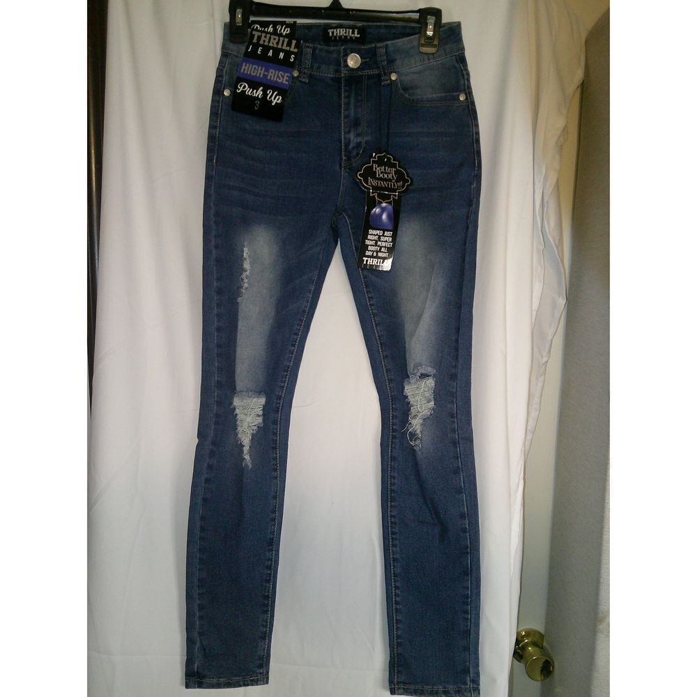 Thrill Jeans Women High Rise Push Up‎ Skinny Jeans Ripped Blue Denim Size 3